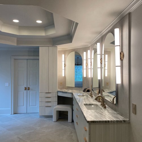 Modern bathroom with double sinks and vanity
