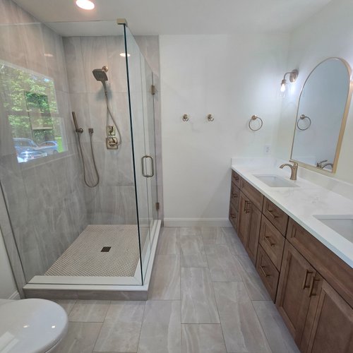 Bathroom with glass shower installed by Bridgeport Carpets in Alpharetta, GA