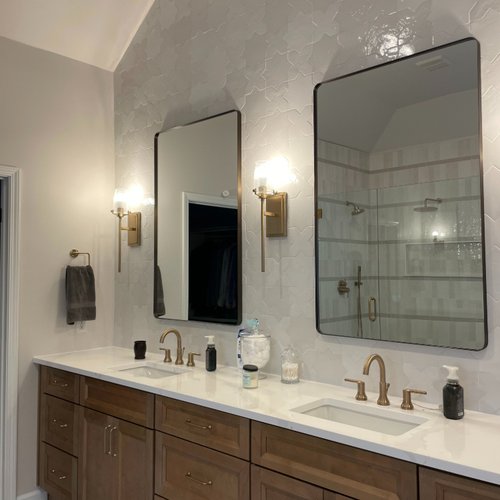 Modern bathroom vanity and tile wall