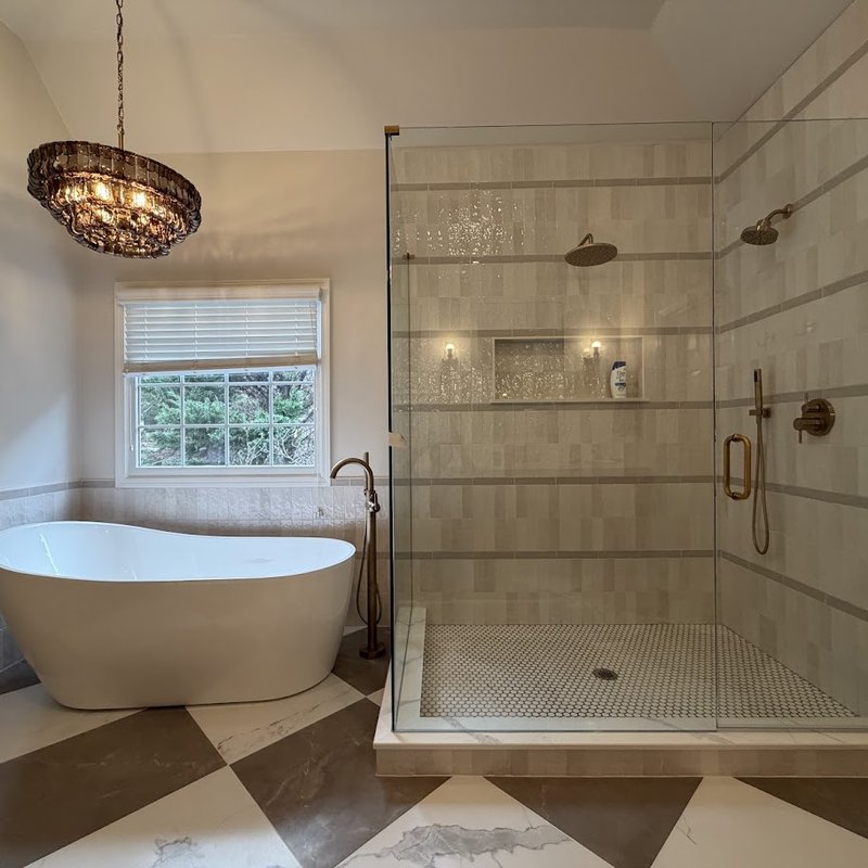 Stylish bathroom shower with vintage look tile flooring