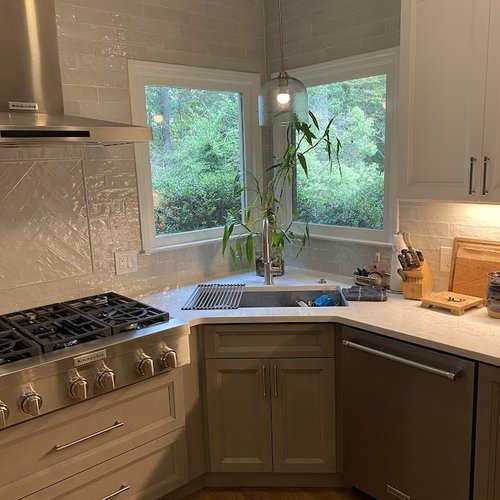 Kitchen with new dove grey cabinets