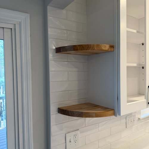 Wood floating shelf feature in a new kitchen makeover