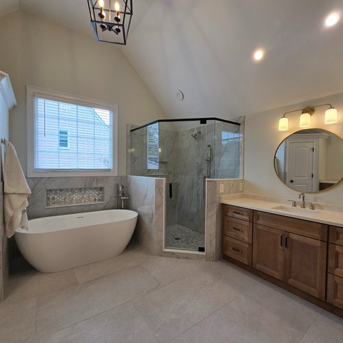 Grey tile in a modern bathroom makeover