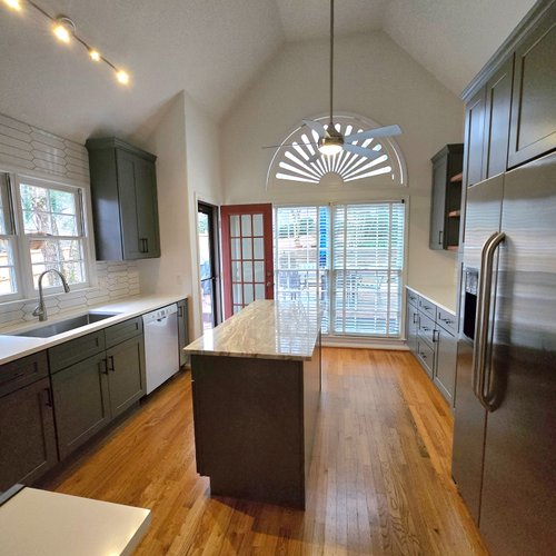 Alpharetta GA kitchen with vaulted ceilings and hardwood flooring