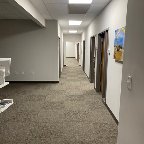 Brown carpet tiles in a bright office space