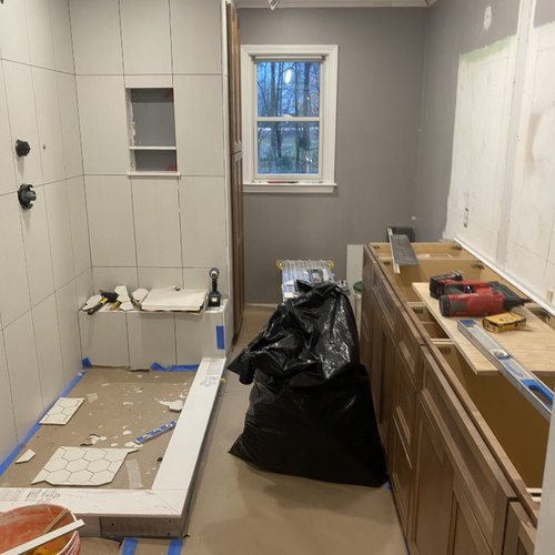 During Bathroom Tile Installation by Bridgeport Carpets