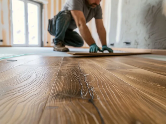 Flooring professional installing hardwood flooring in a home