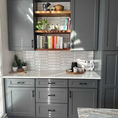 Modern kitchen cabinets with exposed wood shelves