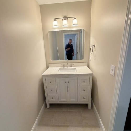 New white vanity in a modern bathroom