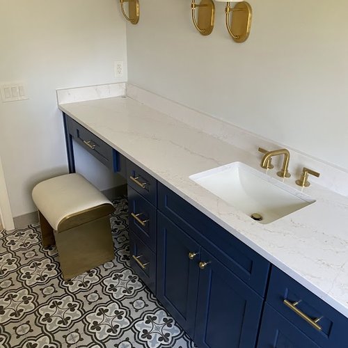 Grey and blue mosaic tile floor