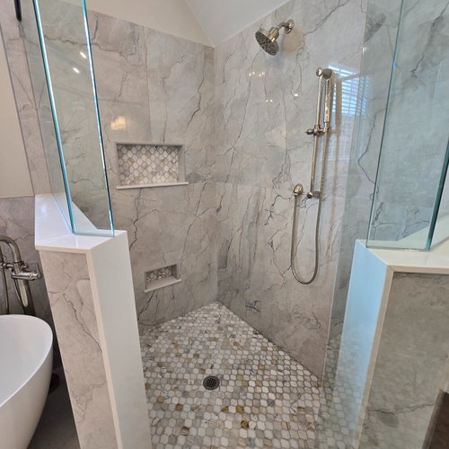 New shower with grey marble tiles