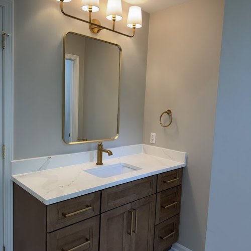 Brown wood cabinet for a modern vanity by Bridgeport Carpets & Flooring